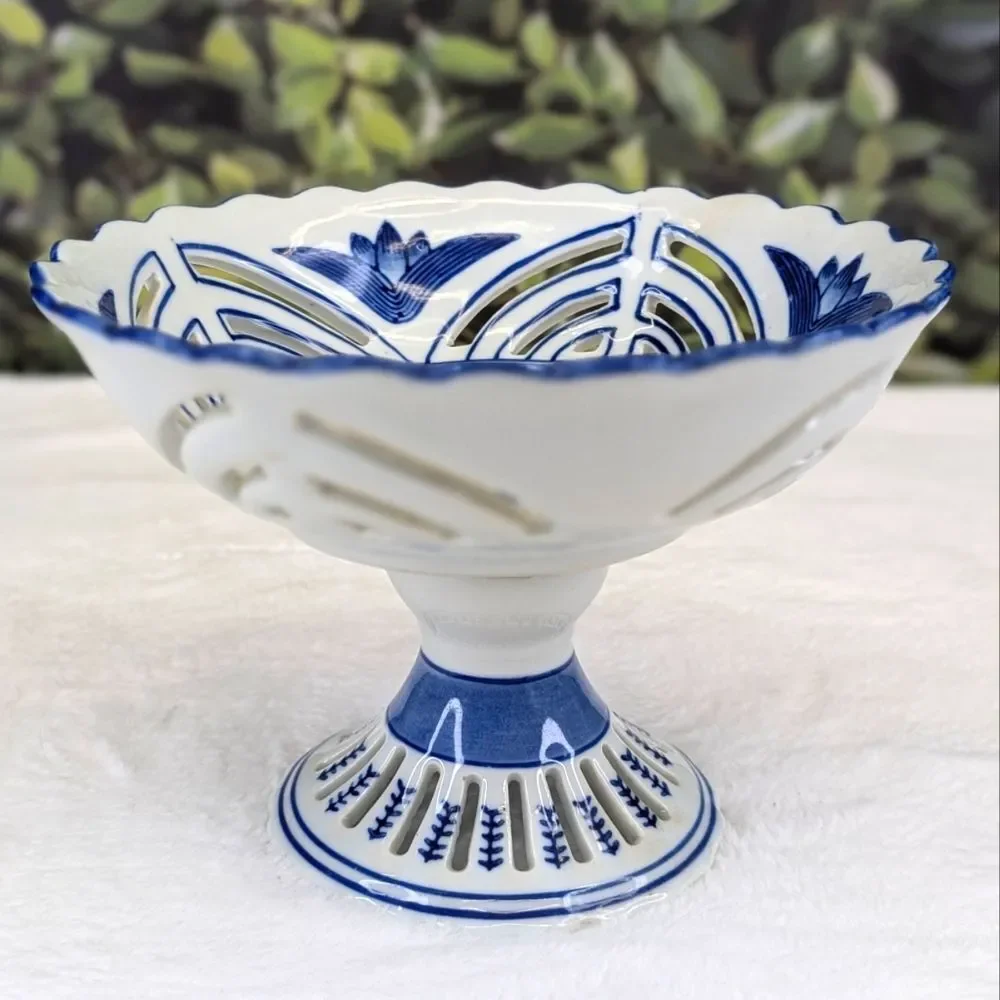 Vintage Asian Blue and White Reticulated Porcelain Fruit Bowl